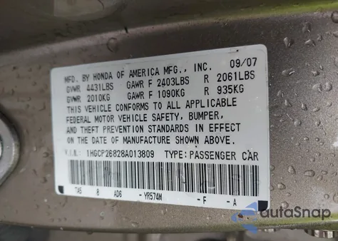 2008 Honda Accord 2.4 Ex-L z USA, uszkodzony, nr VIN 1HGCP26828A013809